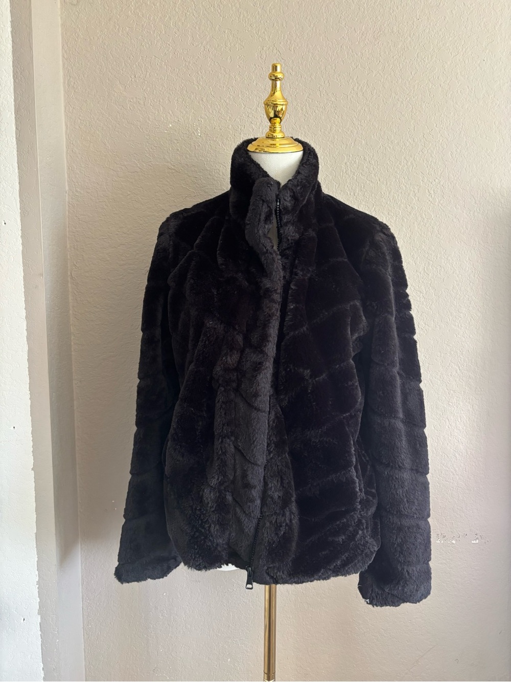 Plush Black Faux Fur Zip-Up Jacket
